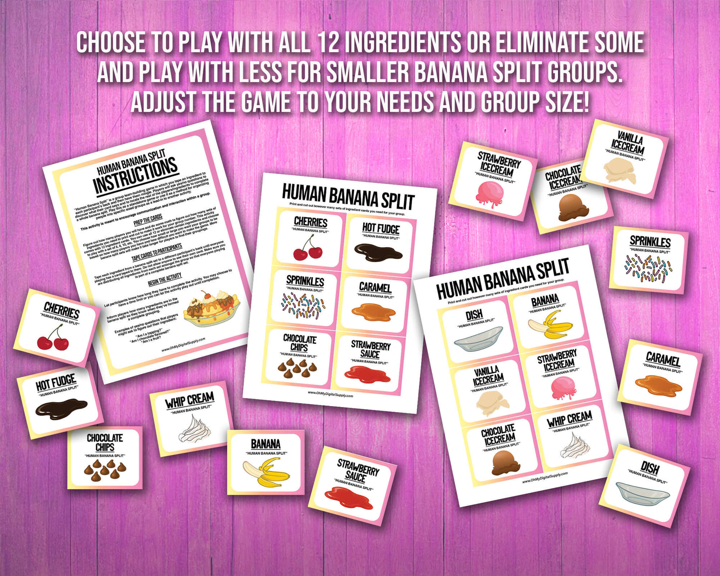 A printable team-building activity and group icebreaker game called Human Banana Split that includes an instructions sheet and banana split ingredient cards that can be cut out. The printable sheets are downloadable PDF files.