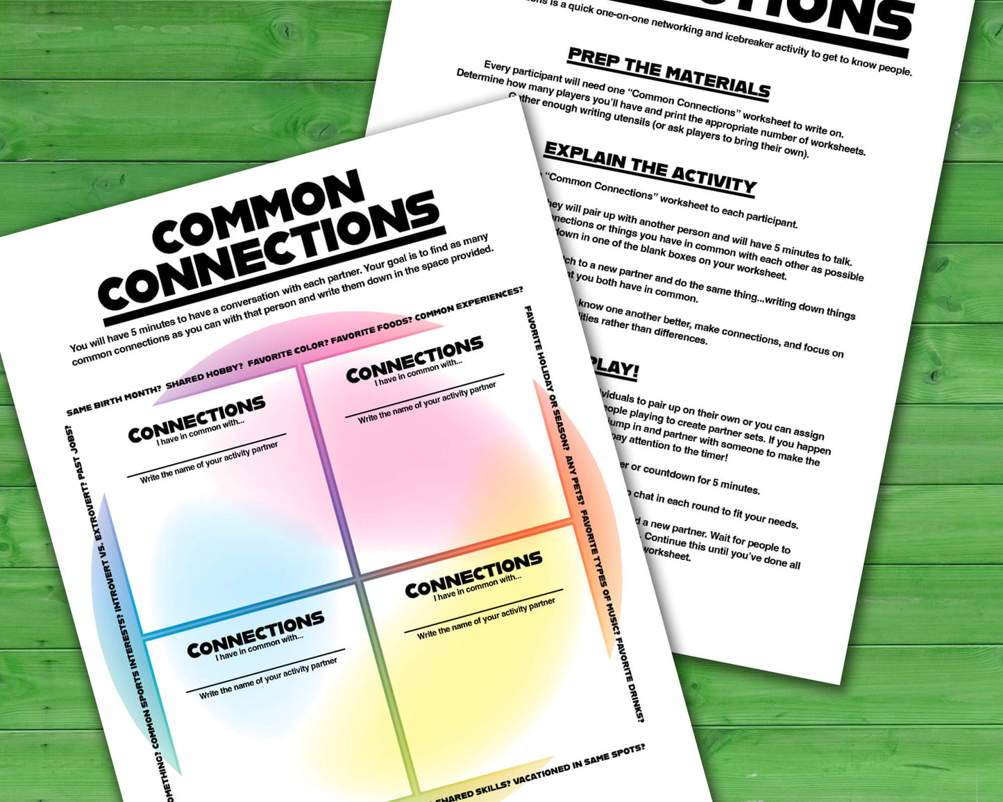Common Connections one-on-one icebreaker activity and team-building game printable worksheet and instructions.
