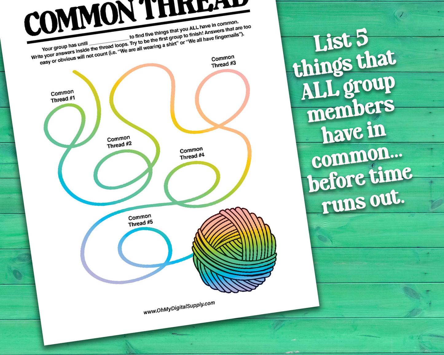 Find the Common Thread group team-building game and icebreaker activity in the form of a PDF worksheet and PDF instructions sheet.
