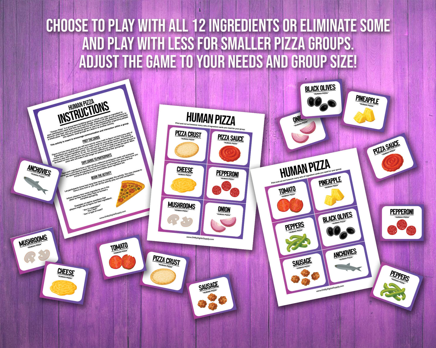 A printable team-building activity and group icebreaker game called Human Pizza that includes an instructions sheet and pizza ingredient cards that can be cut out. The printable sheets are downloadable PDF files.