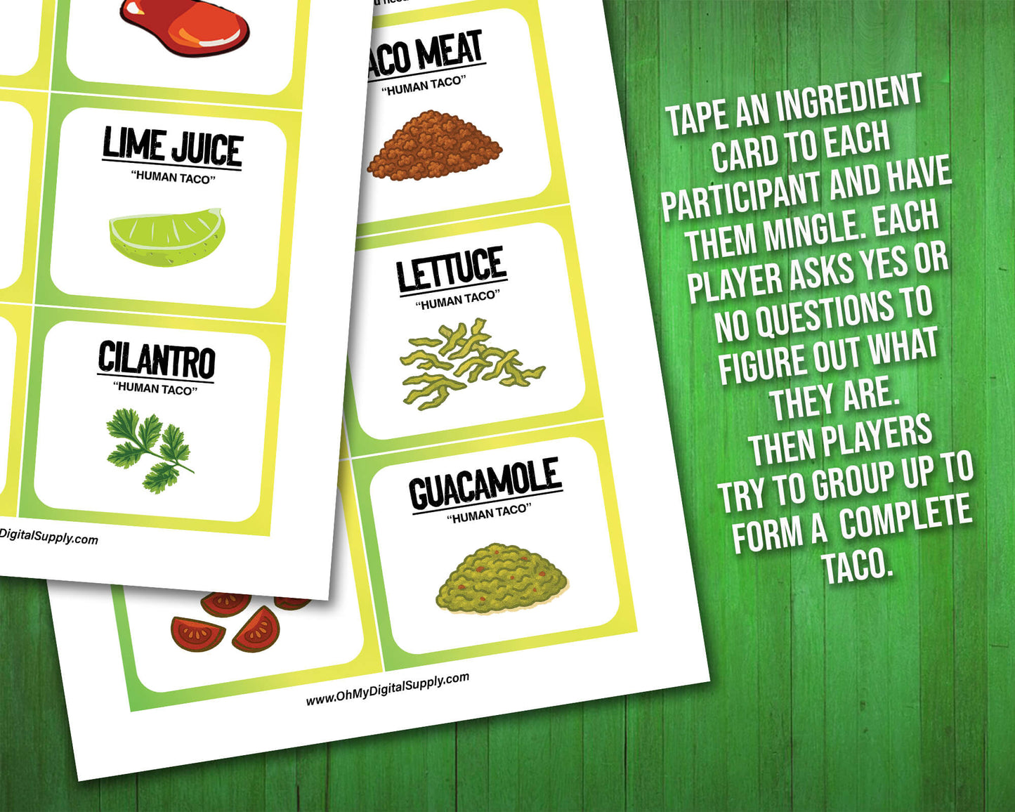A printable team-building activity and group icebreaker game called Human Taco that includes an instructions sheet and taco ingredient cards that can be cut out. The printable sheets are downloadable PDF files.
