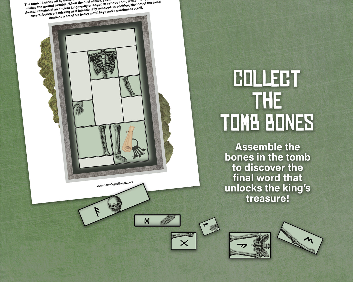 A printable group escape room game called Tomb of the Giant. This Nordic tomb themed team building activity involves 7 puzzles and a final word that must be solved in order to uncover the hidden ancient treasure in the giant king's tomb.