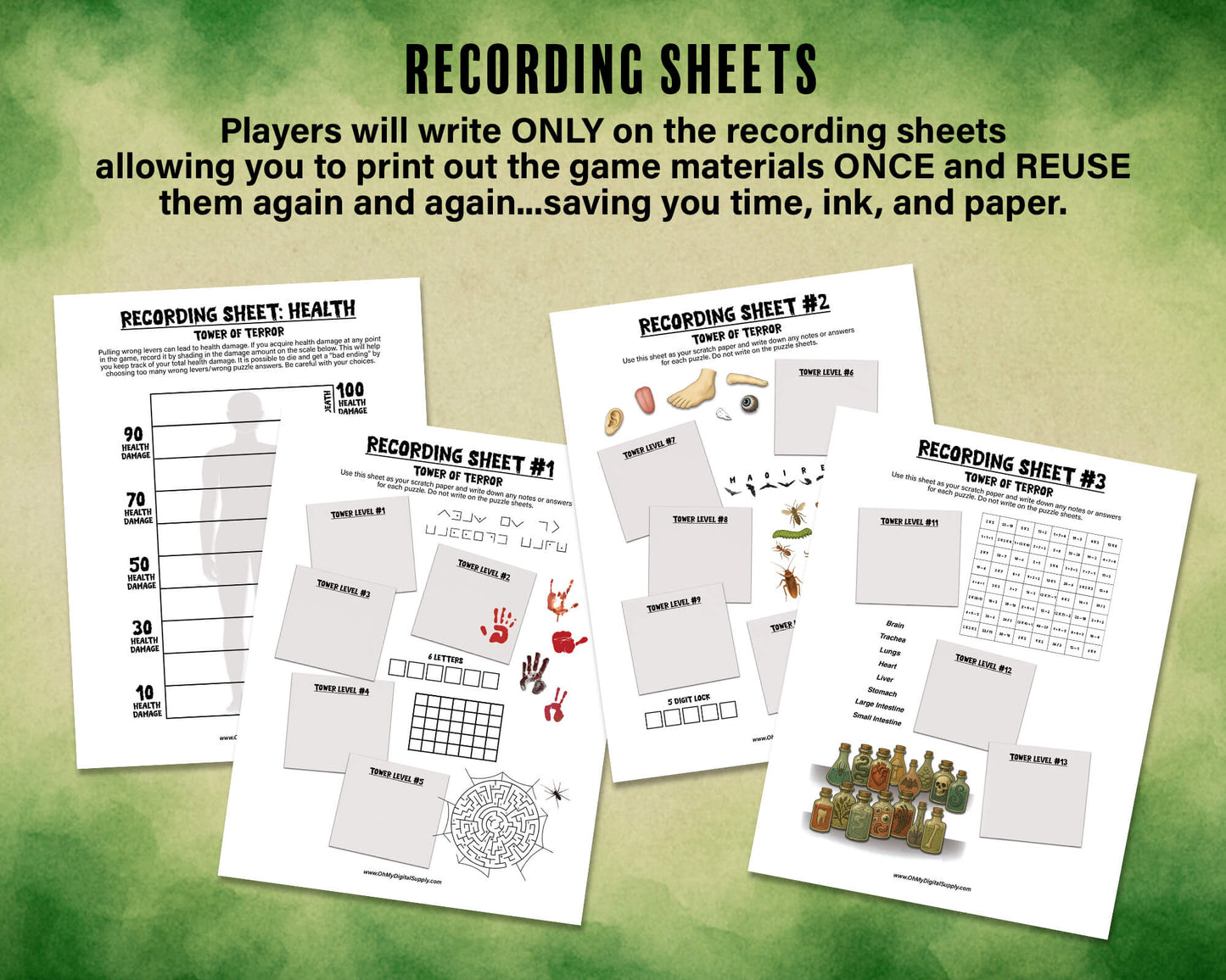A printable Halloween horror Escape Room game called Tower of Terror for group team-building or playing as an icebreaker game. Various printable PDF sheets with puzzles, props, read-aloud story sheets, and facilitator instructions and guide.