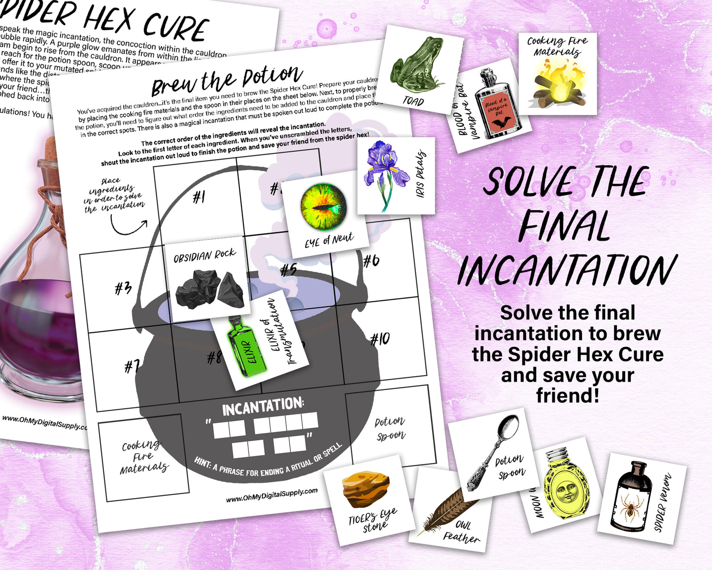 A printable group escape room game called Witch's Hex. This supernatural themed team building activity involves 13 puzzles and a final incantation that must be solved in order to save your friend from a witch's hex.