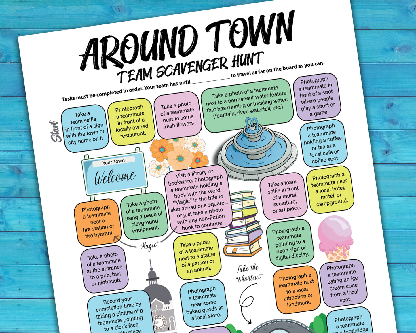 A printable team scavenger hunt activity called Around Town Team Scavenger Hunt. The worksheet looks like a game board where each square has a task you need to complete in order to advance.