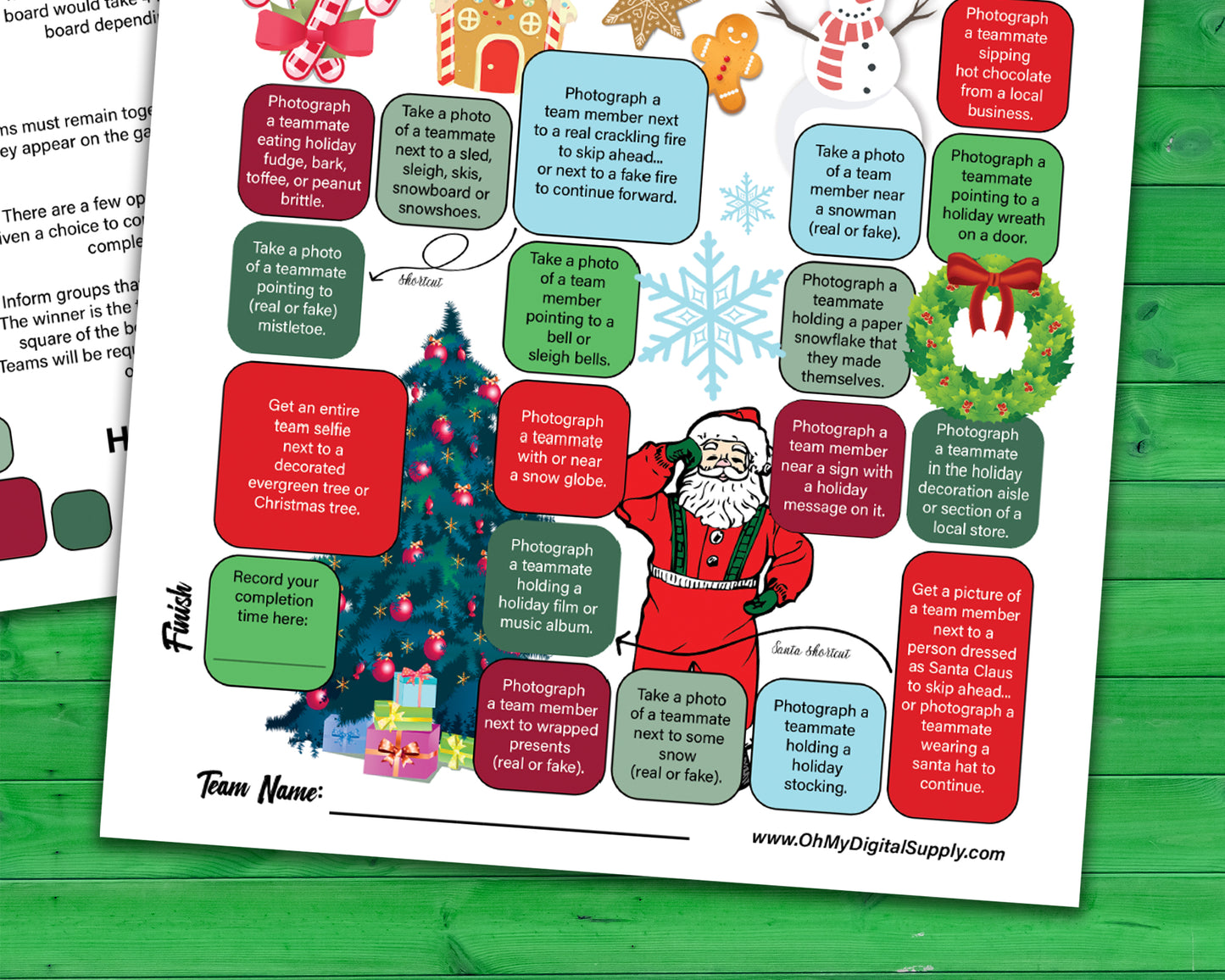 A printable team scavenger hunt activity called Around Town Holiday Team Scavenger Hunt. The worksheet looks like a game board where each square has a task you need to complete in order to advance. All tasks are Holiday themed.