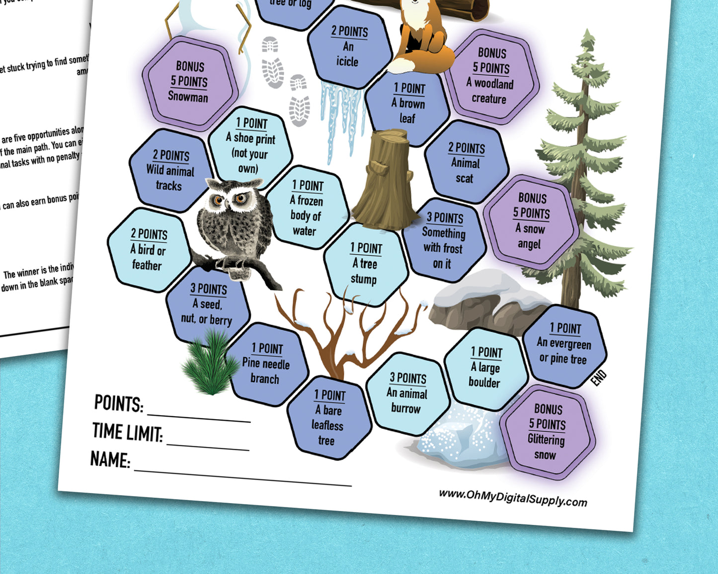 A printable nature trek outdoor winter scavenger hunt competitive team building activity. The worksheet looks like a game board where each spot on the board has an item you need to find to earn points and advance along the path.