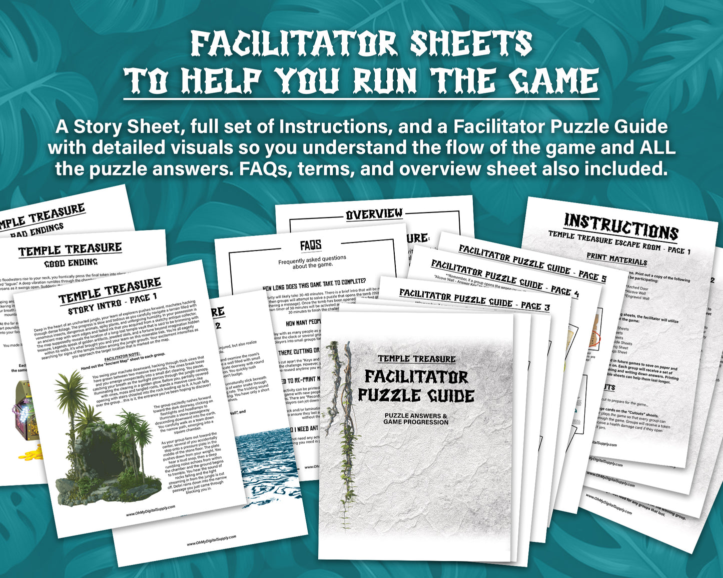 Temple Treasure Escape Room printable game. Play as a team building activity, icebreaker challenge, or group puzzle challenge. A jungle themed group party game.