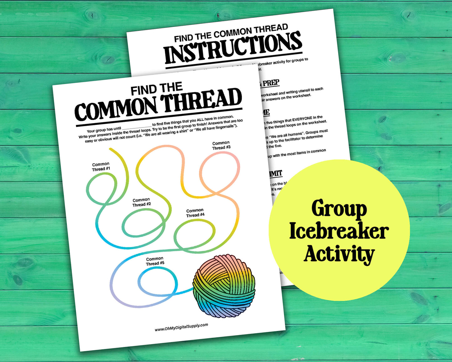 Find the Common Thread group team-building game and icebreaker activity in the form of a PDF worksheet and PDF instructions sheet.