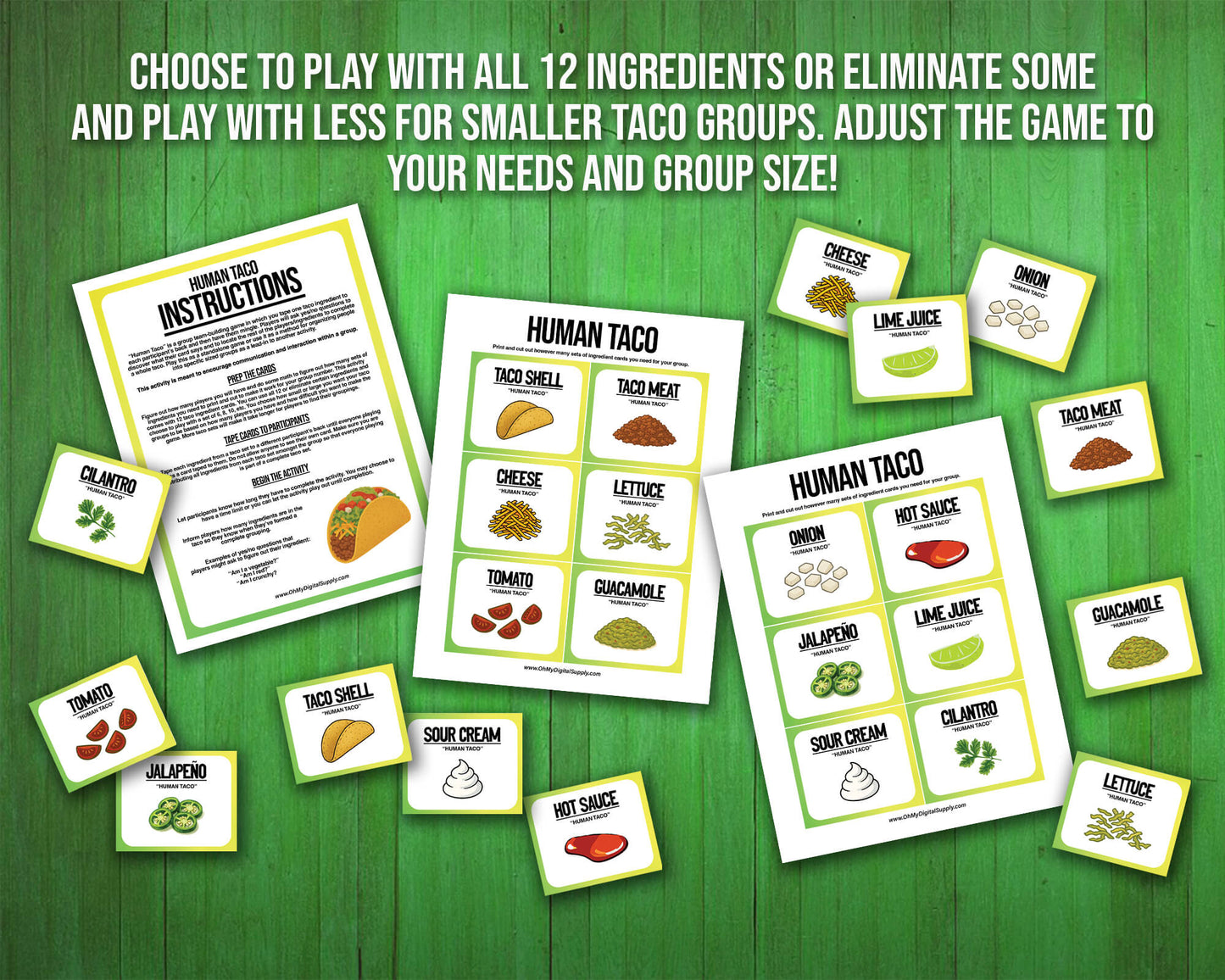A printable team-building activity and group icebreaker game called Human Taco that includes an instructions sheet and taco ingredient cards that can be cut out. The printable sheets are downloadable PDF files.