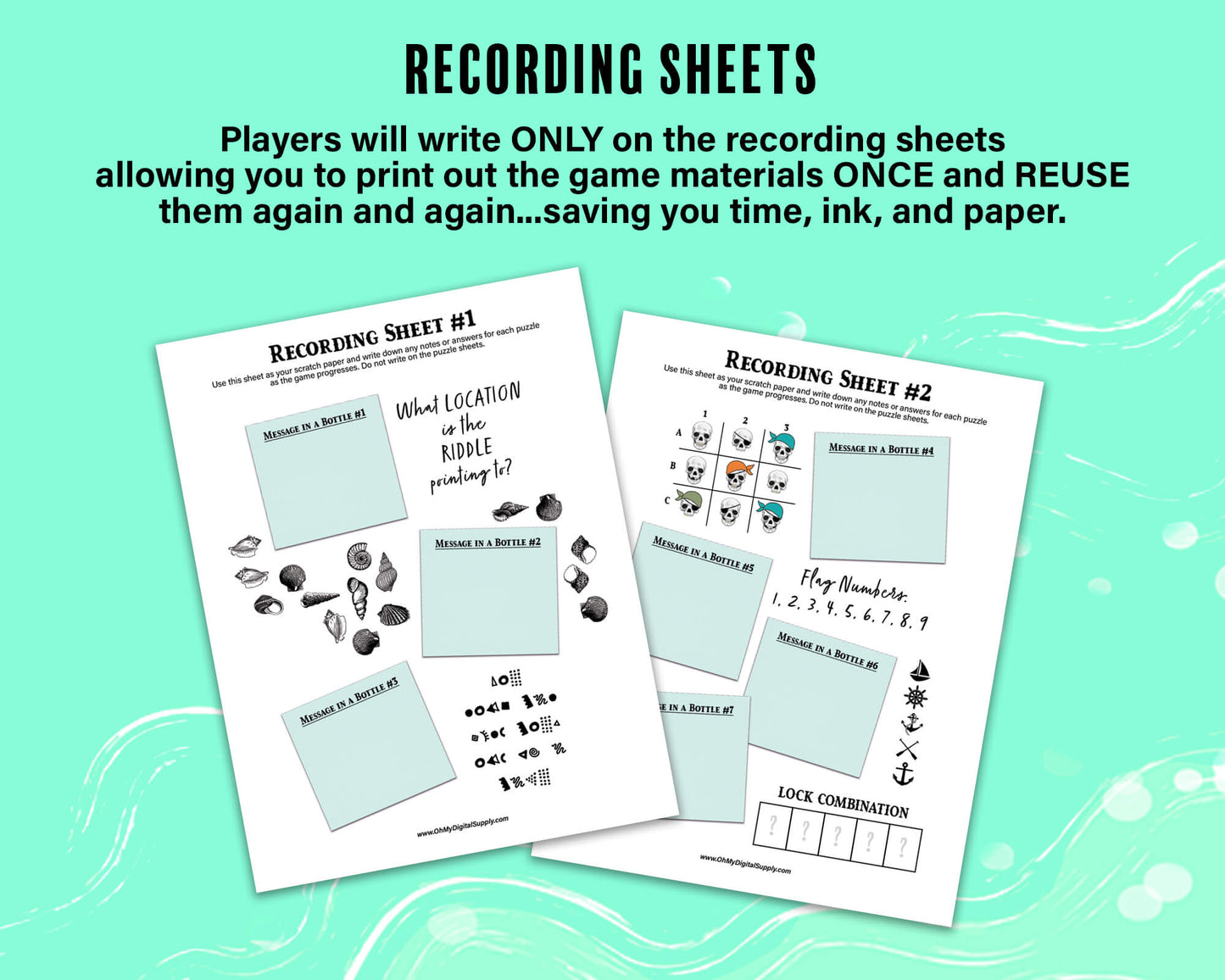 A printable group escape room game called Pirate Plunder. This tropical island themed team building activity involves 7 puzzles with a final lock combination that must be solved in order to unlock the pirate treasure.
