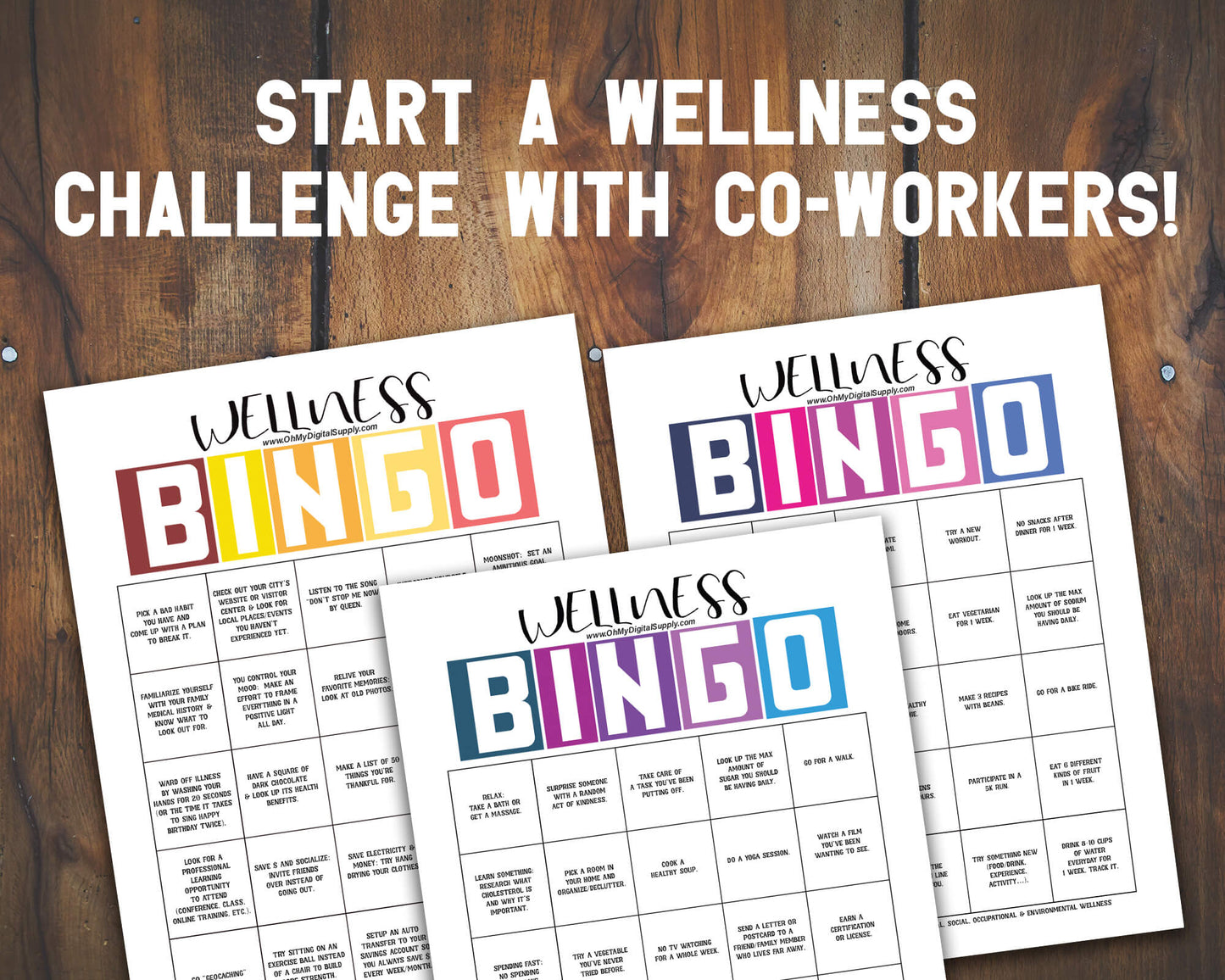Team Building Bundle. Collage of 7 different team building activities including Wellness Bingo, Find Someone Who Bingo, Workplace Scavenger Hunt, 2 Truths and a Lie, Decision Quest: Fallout Shelter, Paper Telephone, and Bingo for the Workplace.