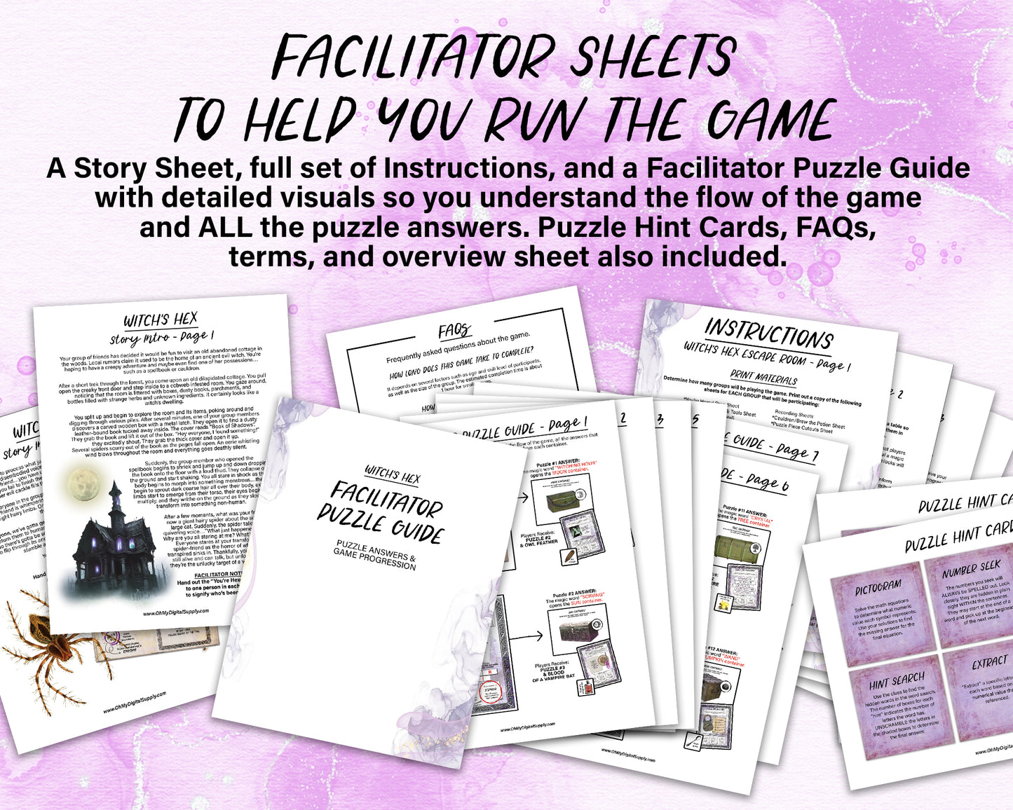 A printable group escape room game called Witch's Hex. This supernatural themed team building activity involves 13 puzzles and a final incantation that must be solved in order to save your friend from a witch's hex.