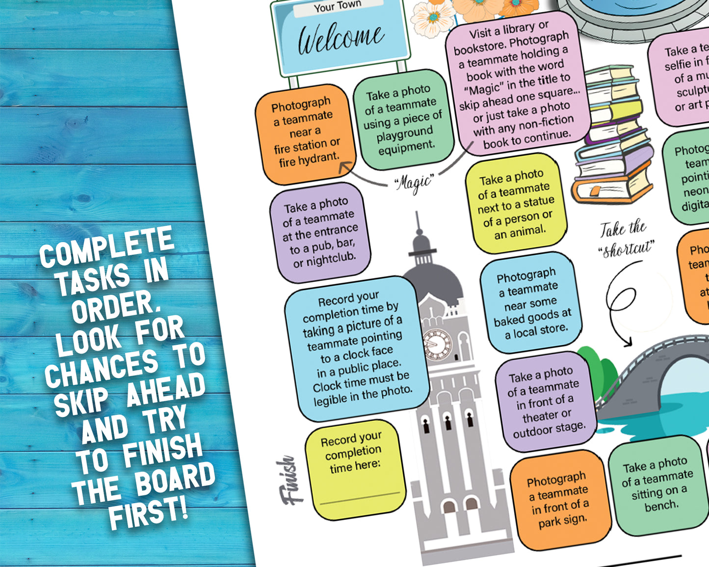 A printable team scavenger hunt activity called Around Town Team Scavenger Hunt. The worksheet looks like a game board where each square has a task you need to complete in order to advance.