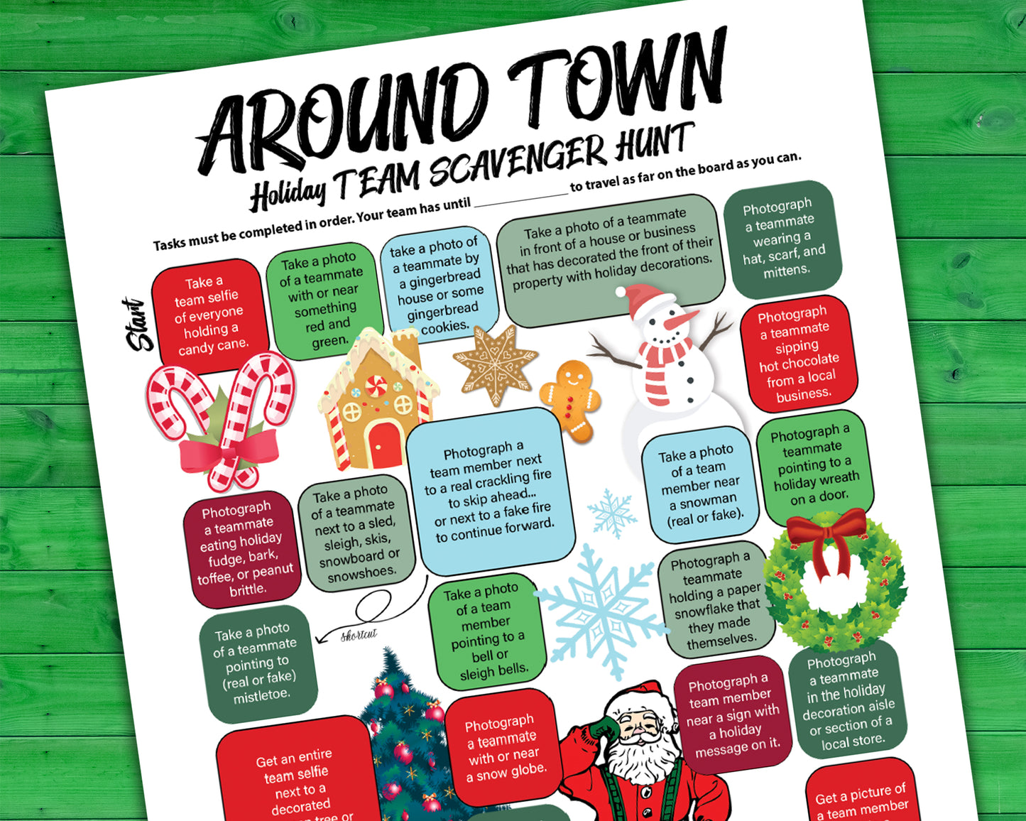 A printable team scavenger hunt activity called Around Town Holiday Team Scavenger Hunt. The worksheet looks like a game board where each square has a task you need to complete in order to advance. All tasks are Holiday themed.