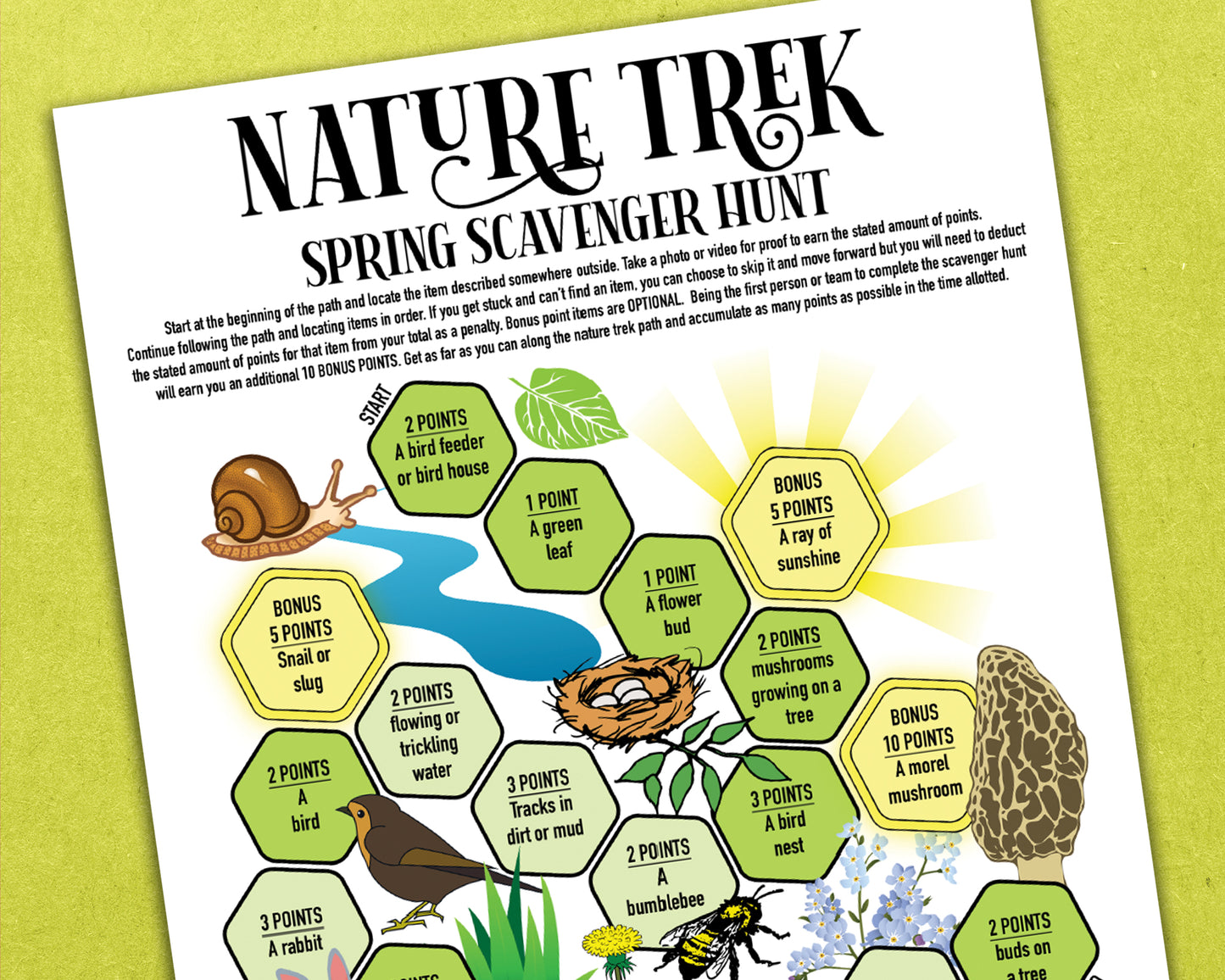 A bundle of four printable nature trek outdoor scavenger hunts for spring, summer, fall, and winter. A competitive team building activity where each spot on the worksheet has an item you need to find to earn points.