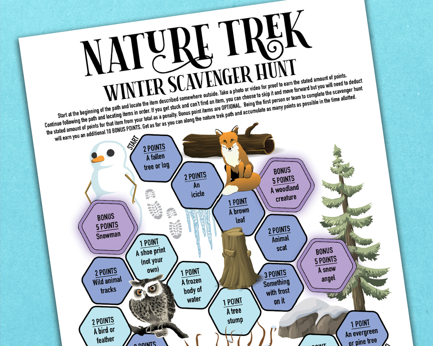A printable nature trek outdoor winter scavenger hunt competitive team building activity. The worksheet looks like a game board where each spot on the board has an item you need to find to earn points and advance along the path.