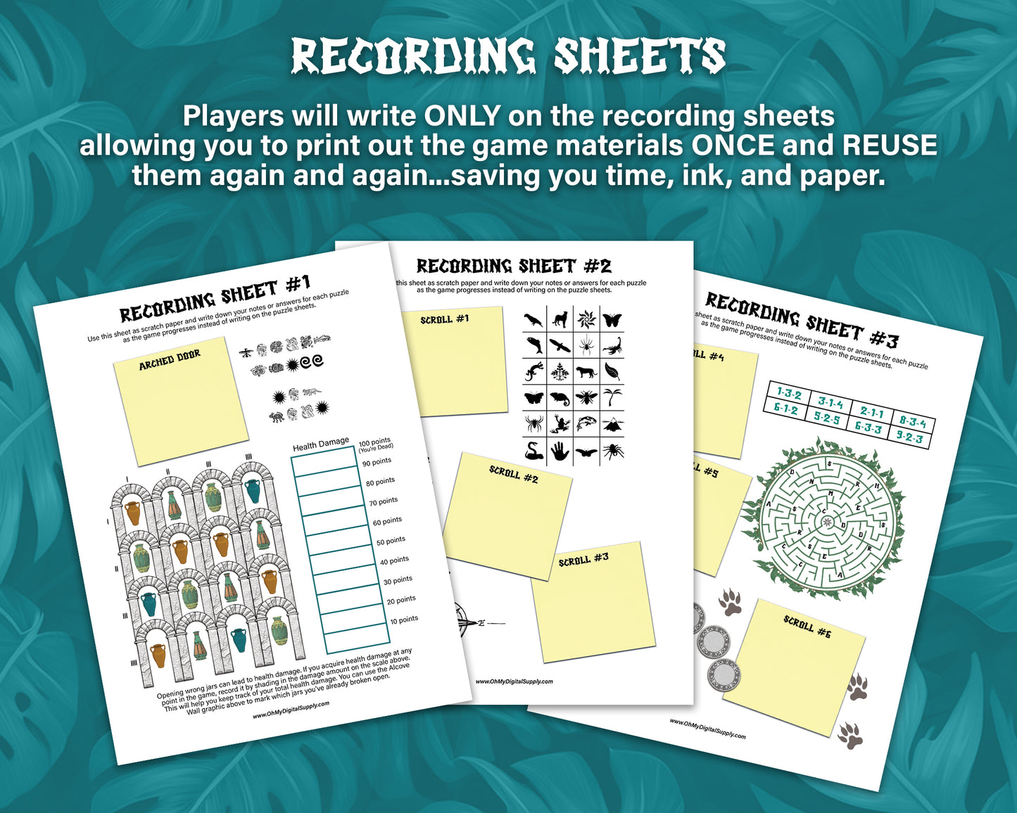 Temple Treasure Escape Room printable game. Play as a team building activity, icebreaker challenge, or group puzzle challenge. A jungle themed group party game.