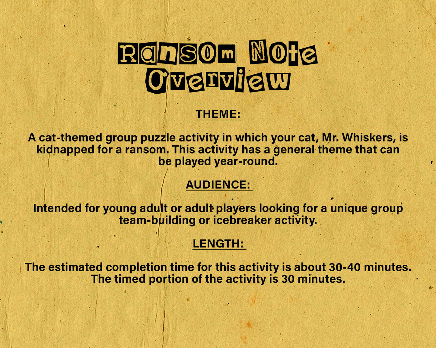Ransom Note Printable Escape Room Game, team-building activity, group puzzle challenge, and icebreaker game in the form of printable PDFs.