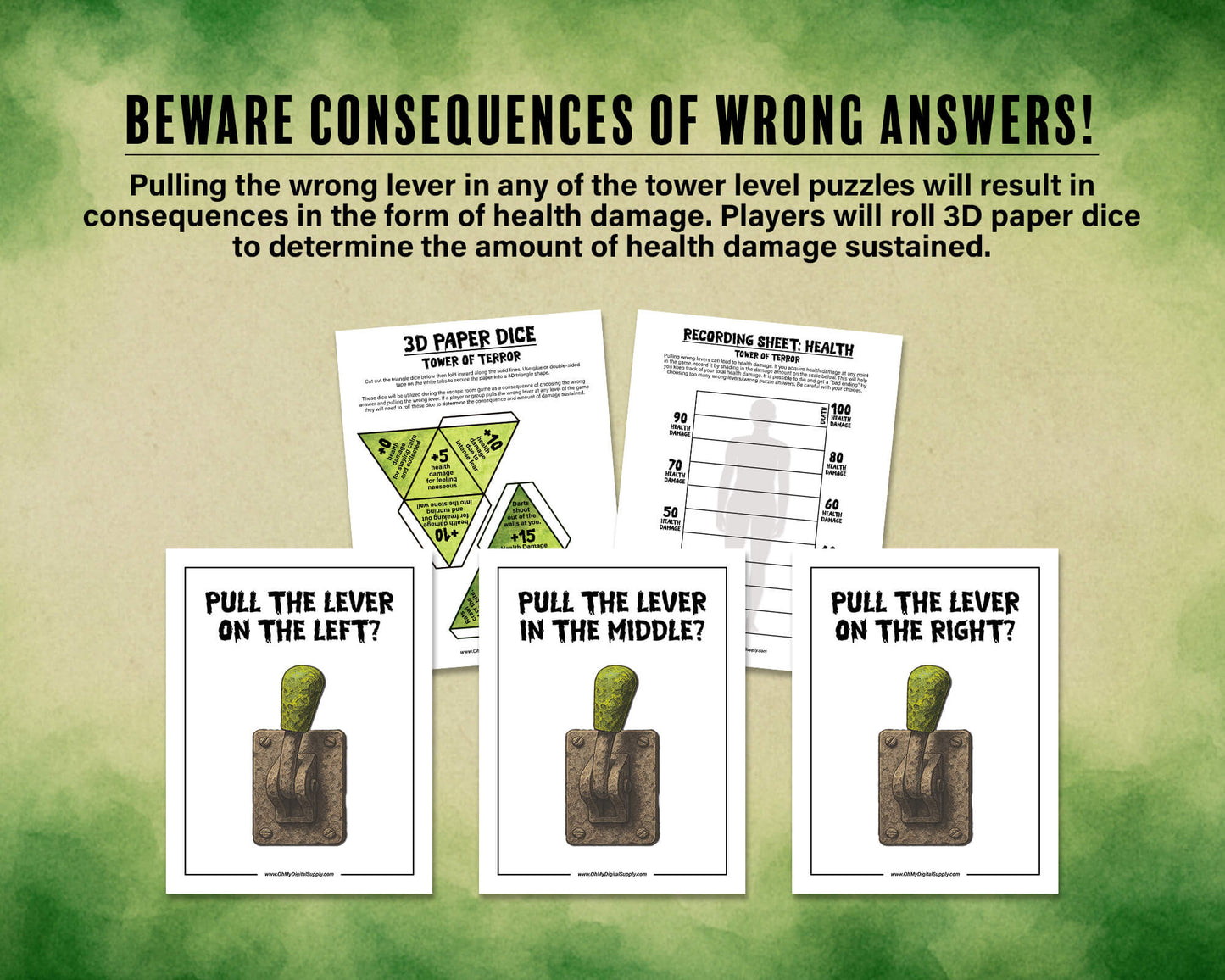 A printable Halloween horror Escape Room game called Tower of Terror for group team-building or playing as an icebreaker game. Various printable PDF sheets with puzzles, props, read-aloud story sheets, and facilitator instructions and guide.