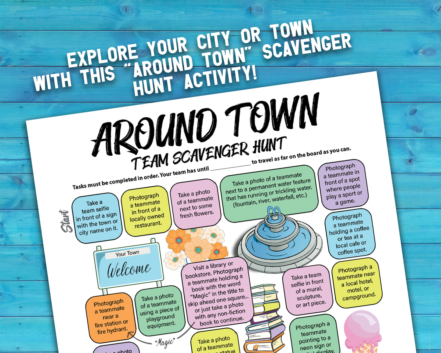 A bundle of printable team scavenger hunt activities called Around Town Team Scavenger Hunt. Bundle includes original version, Halloween, Holiday, and Valentines Day versions.