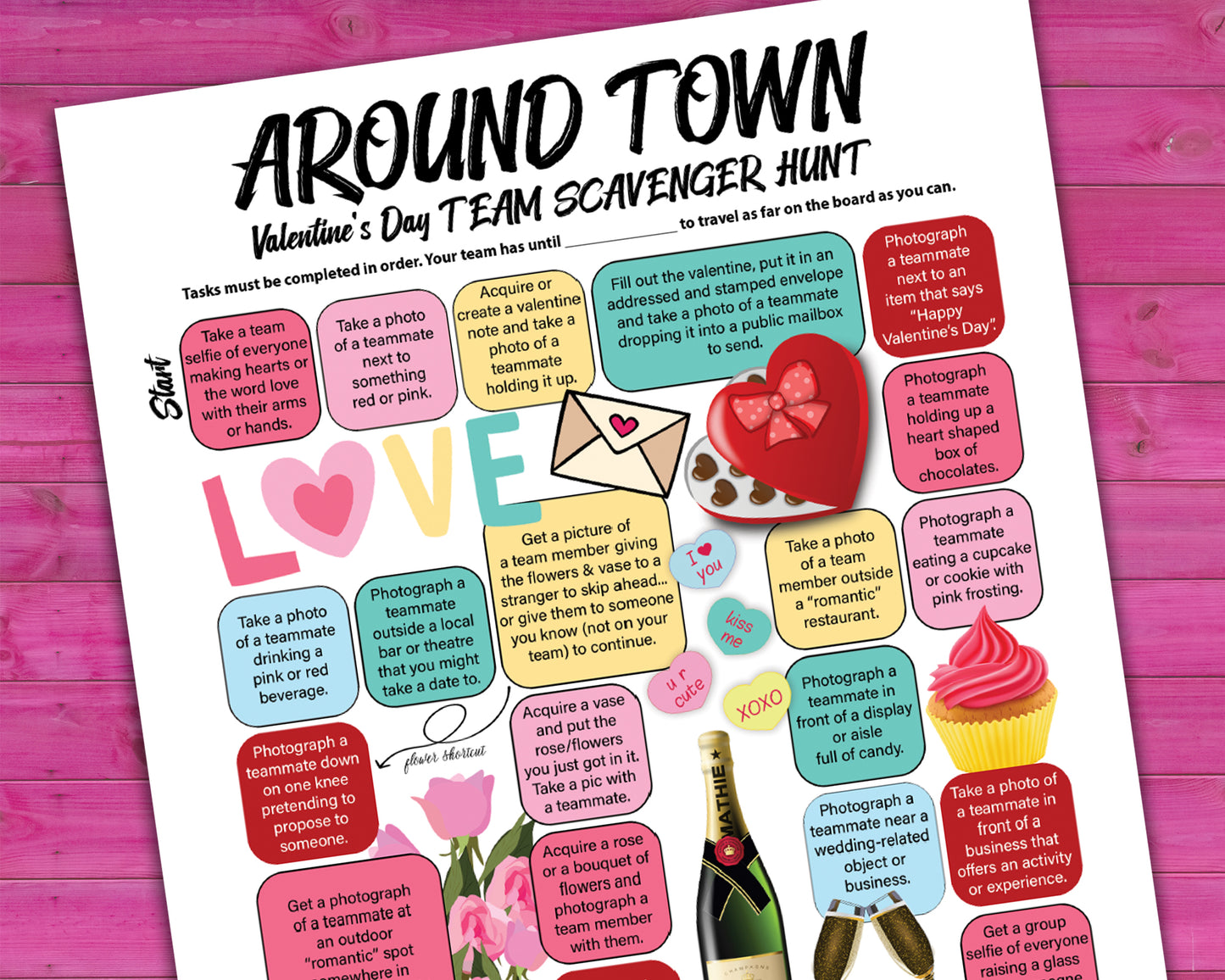 A bundle of printable team scavenger hunt activities called Around Town Team Scavenger Hunt. Bundle includes original version, Halloween, Holiday, and Valentines Day versions.