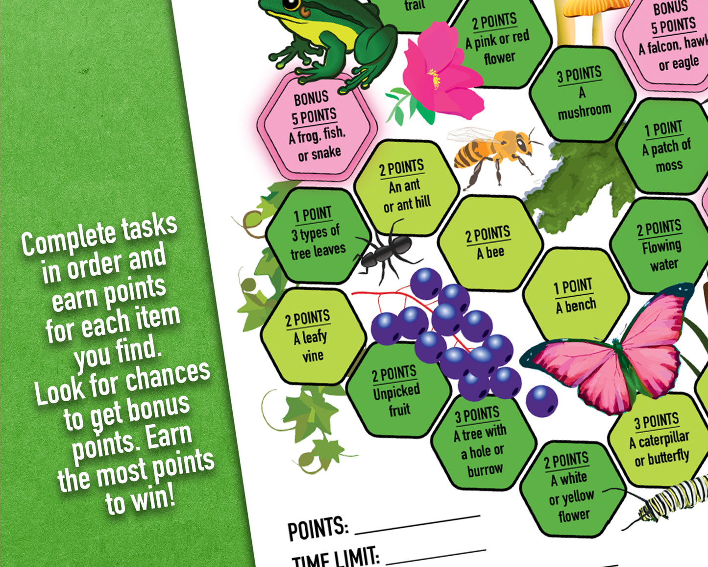 A printable nature trek outdoor summer scavenger hunt competitive team building activity. The worksheet looks like a game board where each spot on the board has an item you need to find to earn points and advance along the path.