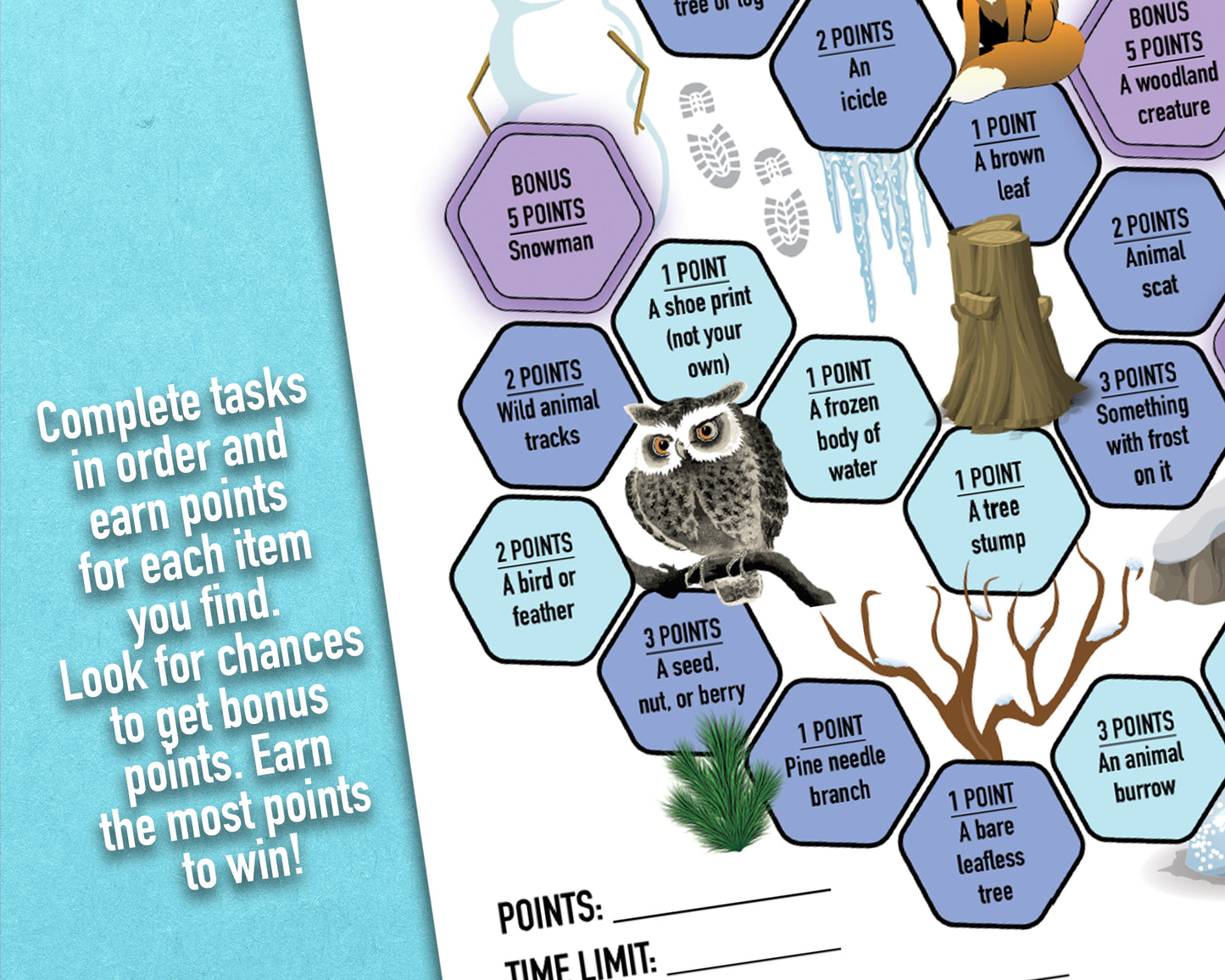 A printable nature trek outdoor winter scavenger hunt competitive team building activity. The worksheet looks like a game board where each spot on the board has an item you need to find to earn points and advance along the path.