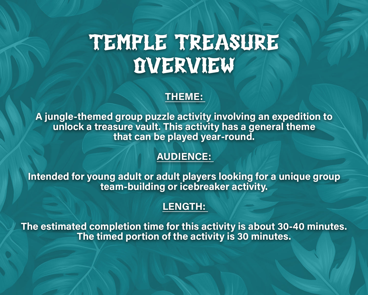 Temple Treasure Escape Room printable game. Play as a team building activity, icebreaker challenge, or group puzzle challenge. A jungle themed group party game.