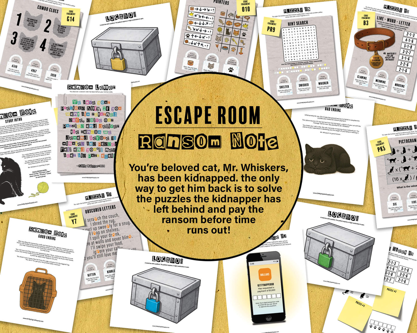 Ransom Note Printable Escape Room Game, team-building activity, group puzzle challenge, and icebreaker game in the form of printable PDFs.