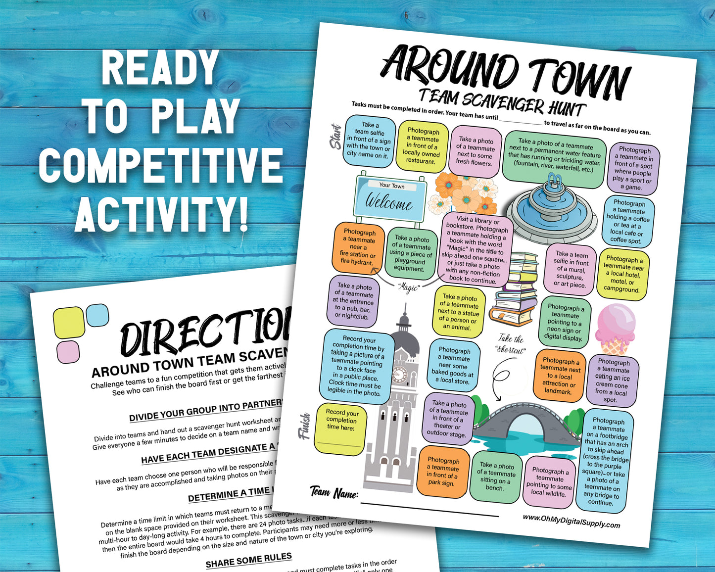 A printable team scavenger hunt activity called Around Town Team Scavenger Hunt. The worksheet looks like a game board where each square has a task you need to complete in order to advance.