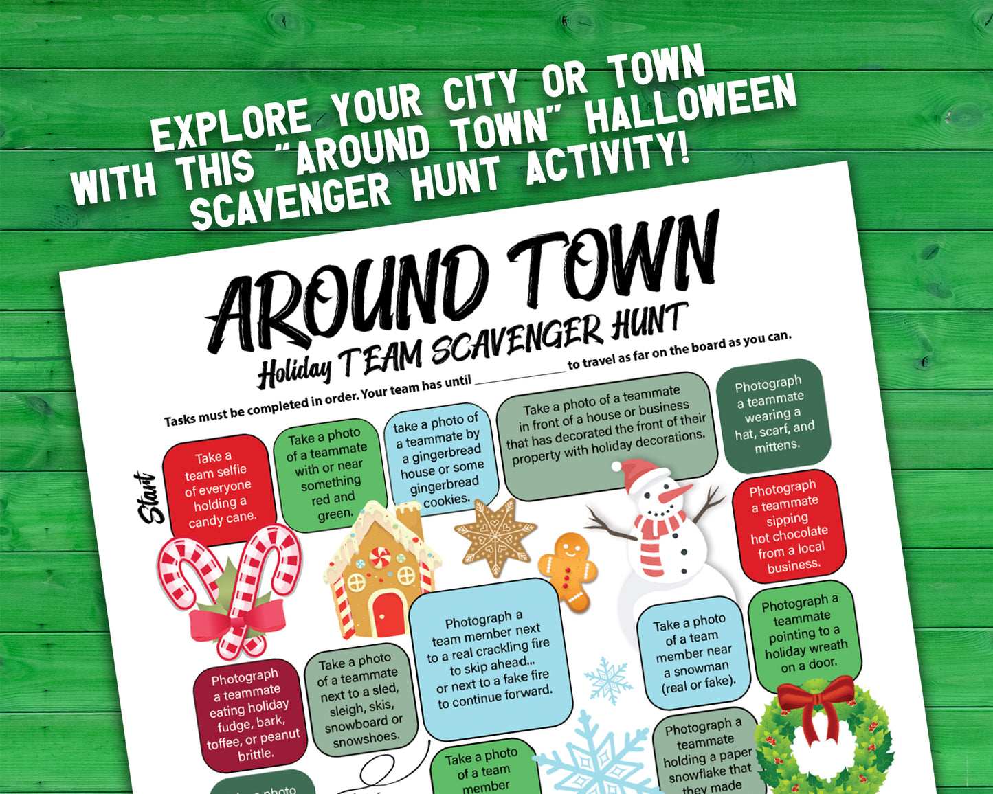 A printable team scavenger hunt activity called Around Town Holiday Team Scavenger Hunt. The worksheet looks like a game board where each square has a task you need to complete in order to advance. All tasks are Holiday themed.