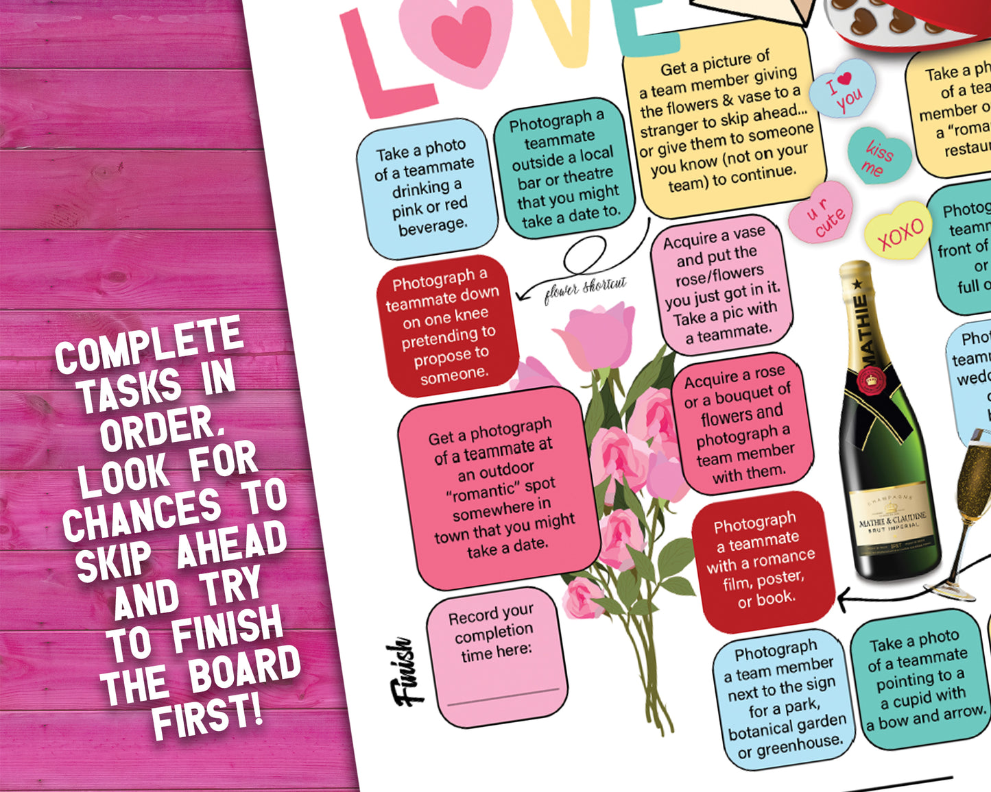 A printable team scavenger hunt activity called Around Town Valentines Day Team Scavenger Hunt. The worksheet looks like a game board where each square has a task you need to complete in order to advance. All tasks are Valentine themed.