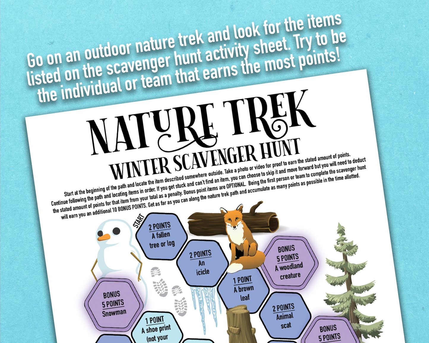 A bundle of four printable nature trek outdoor scavenger hunts for spring, summer, fall, and winter. A competitive team building activity where each spot on the worksheet has an item you need to find to earn points.