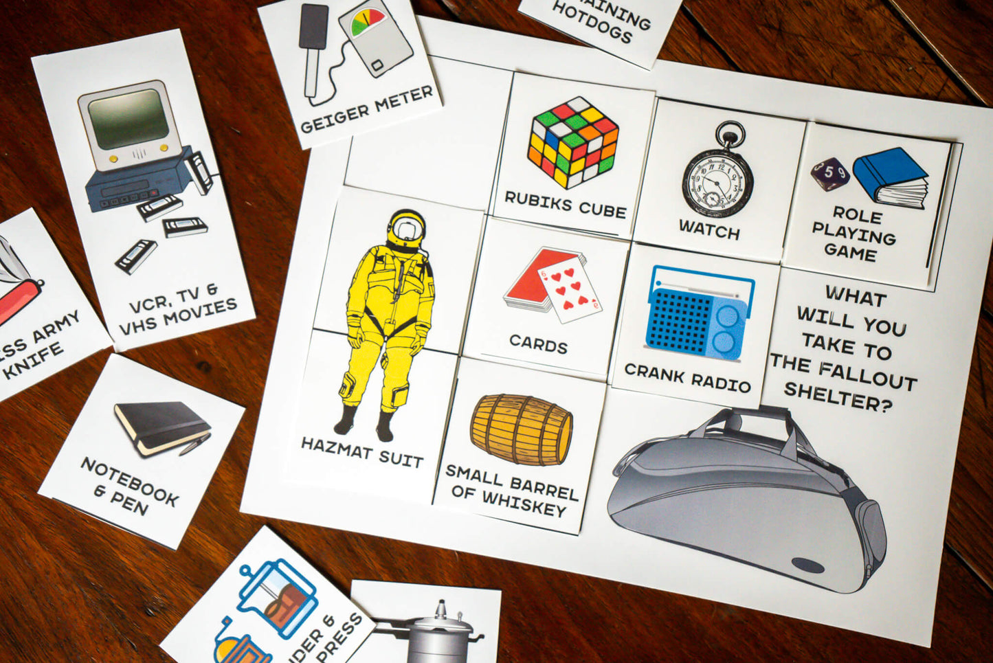 Team Building Bundle. Collage of 7 different team building activities including Wellness Bingo, Find Someone Who Bingo, Workplace Scavenger Hunt, 2 Truths and a Lie, Decision Quest: Fallout Shelter, Paper Telephone, and Bingo for the Workplace.