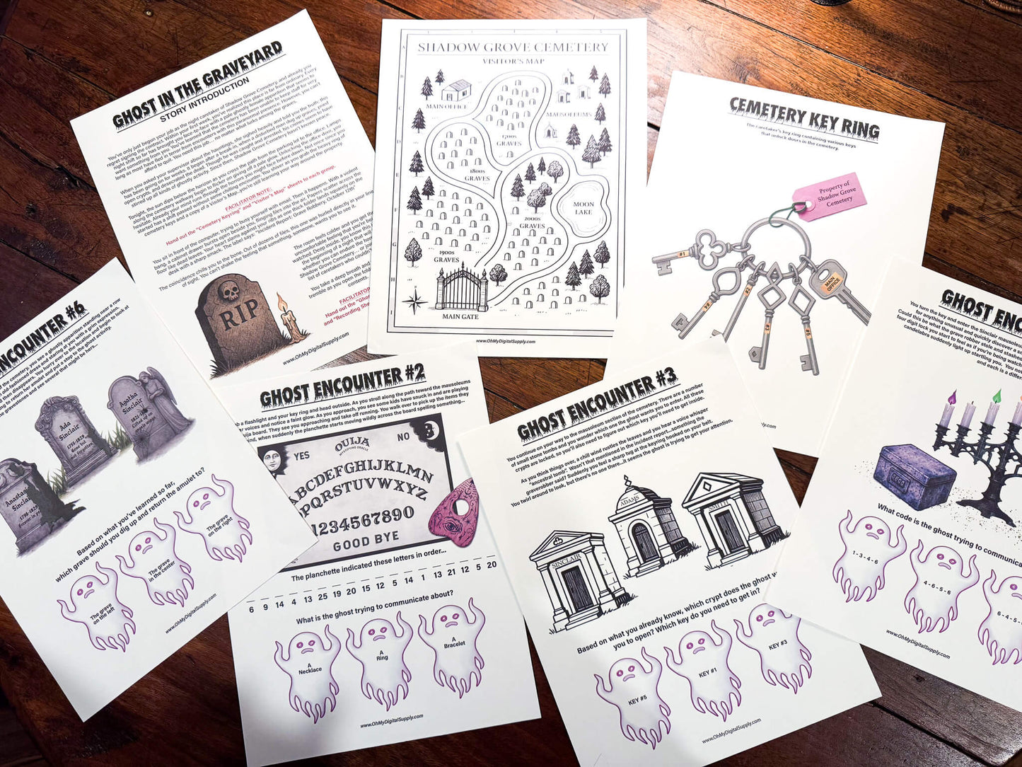 A printable Halloween escape room game called Ghost in the Graveyard with various puzzle sheets, story sheets, cemetery map, instructions, and facilitator guide all in printable PDF format. A 30 minute group activity for team-building or use as an icebreaker game.