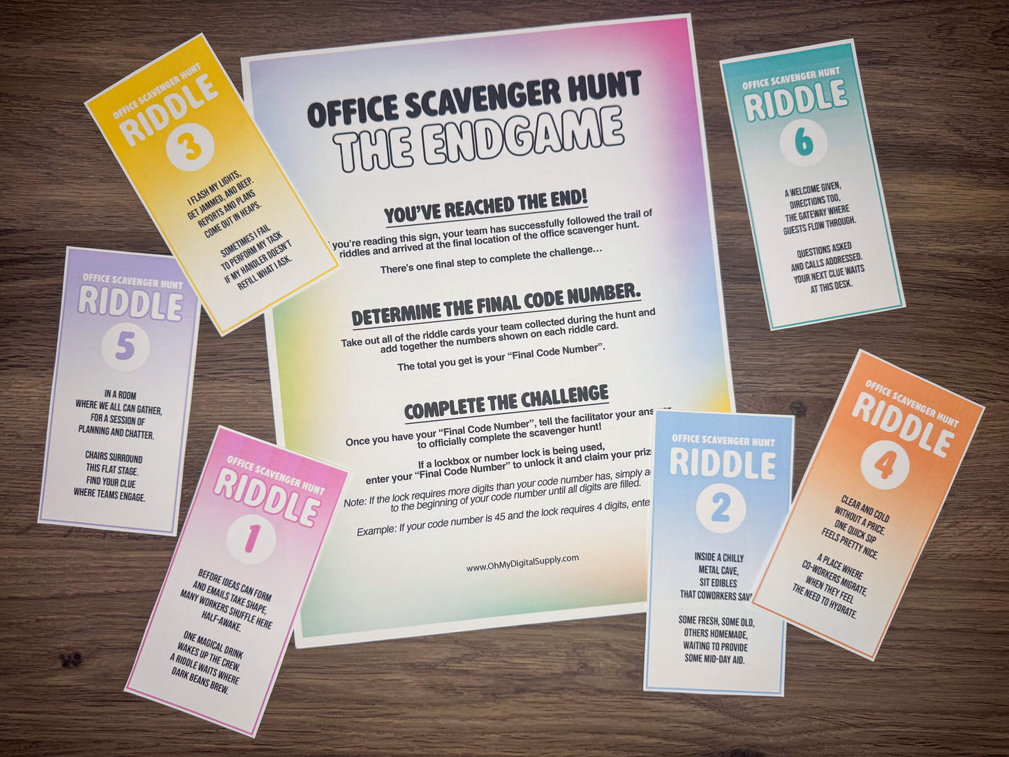 Office Scavenger Hunt printable team building activity with riddle cards, facilitator instructions, progression planning sheet, and answer key in a downloadable PDF file format. Play as a group team building game or icebreaker activity in the workplace.