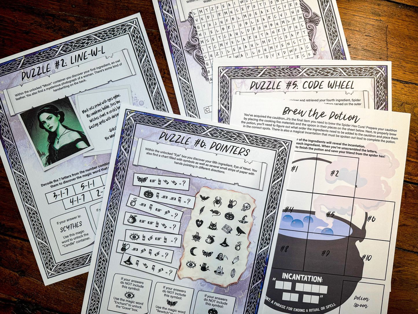 A printable group escape room game called Witch's Hex. This supernatural themed team building activity involves 13 puzzles and a final incantation that must be solved in order to save your friend from a witch's hex.