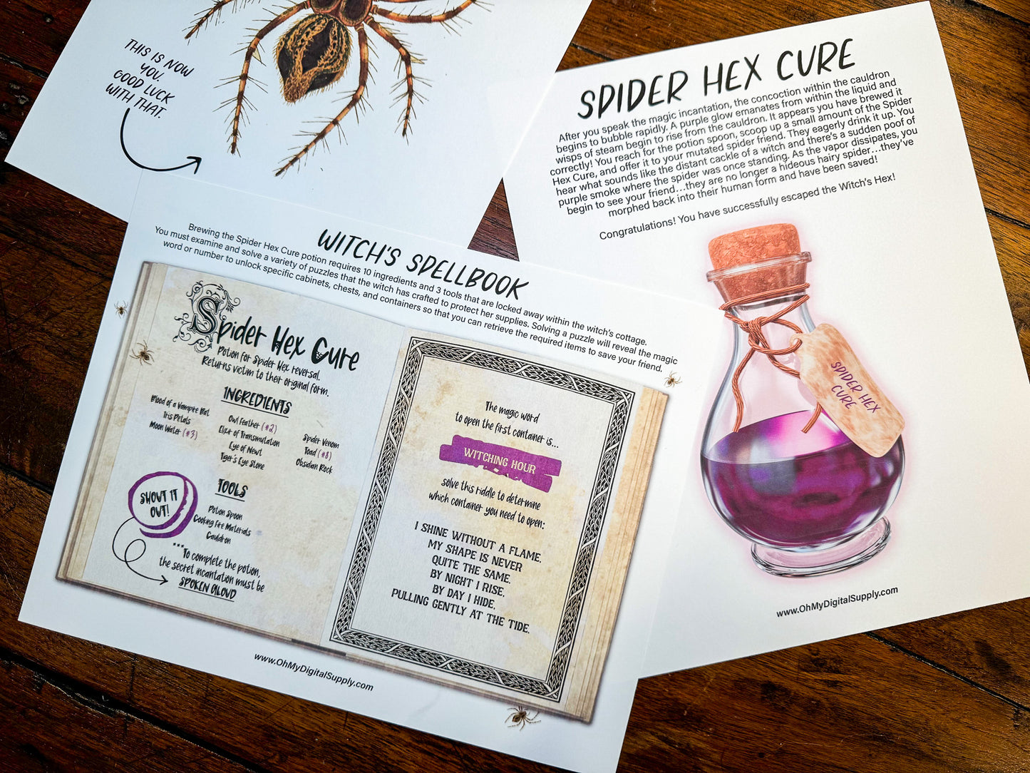 A printable group escape room game called Witch's Hex. This supernatural themed team building activity involves 13 puzzles and a final incantation that must be solved in order to save your friend from a witch's hex.