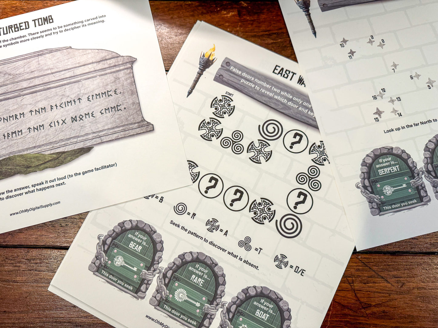 A printable group escape room game called Tomb of the Giant. This Nordic tomb themed team building activity involves 7 puzzles and a final word that must be solved in order to uncover the hidden ancient treasure in the giant king's tomb.