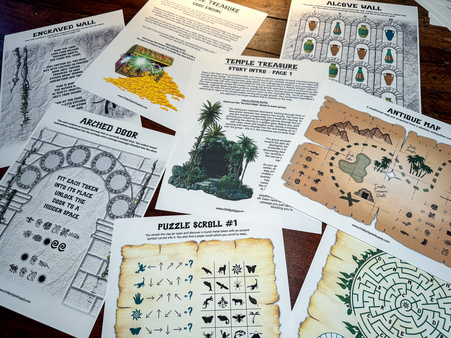 Temple Treasure Escape Room printable game. Play as a team building activity, icebreaker challenge, or group puzzle challenge. A jungle themed group party game.