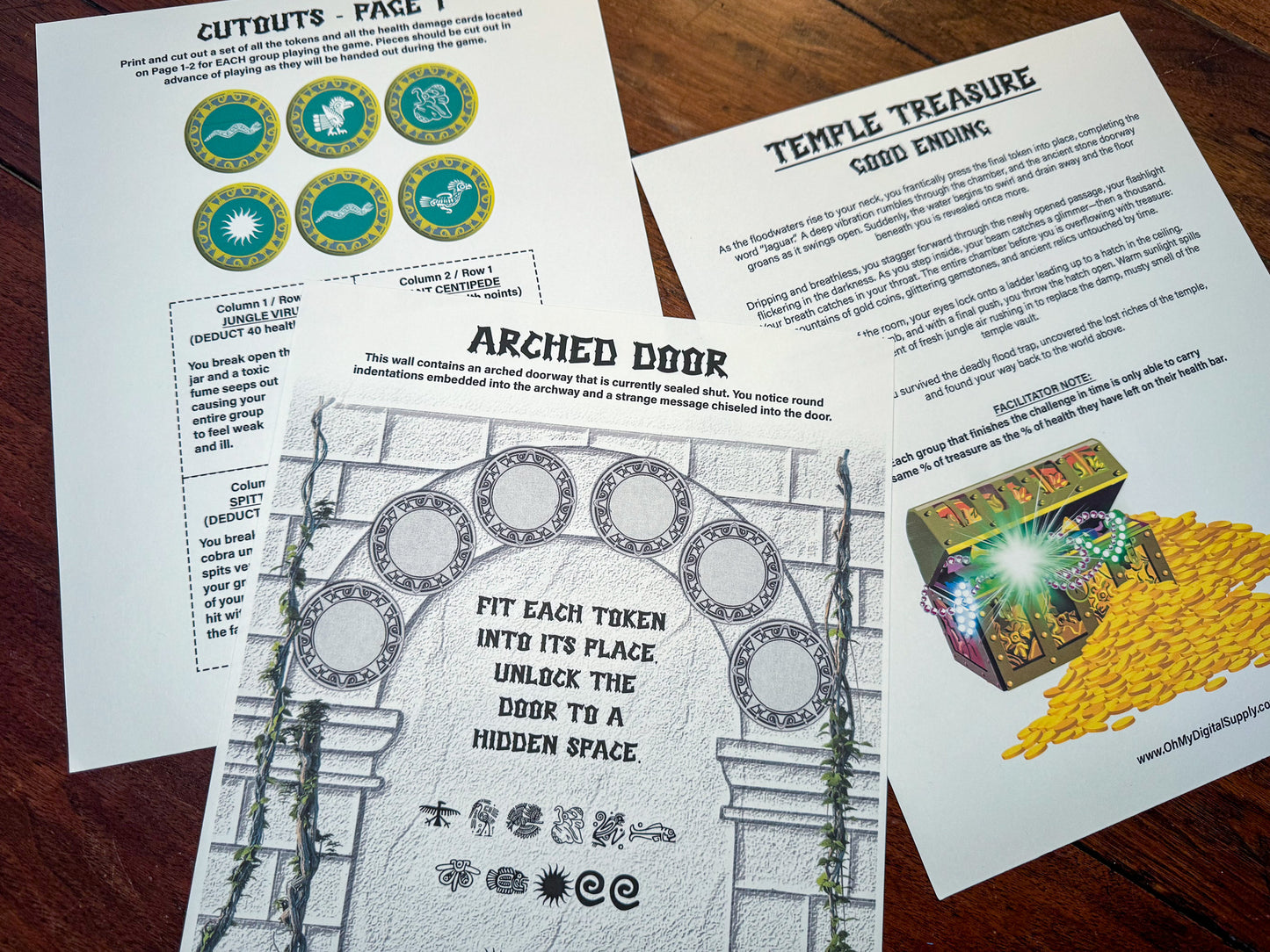 Temple Treasure Escape Room printable game. Play as a team building activity, icebreaker challenge, or group puzzle challenge. A jungle themed group party game.
