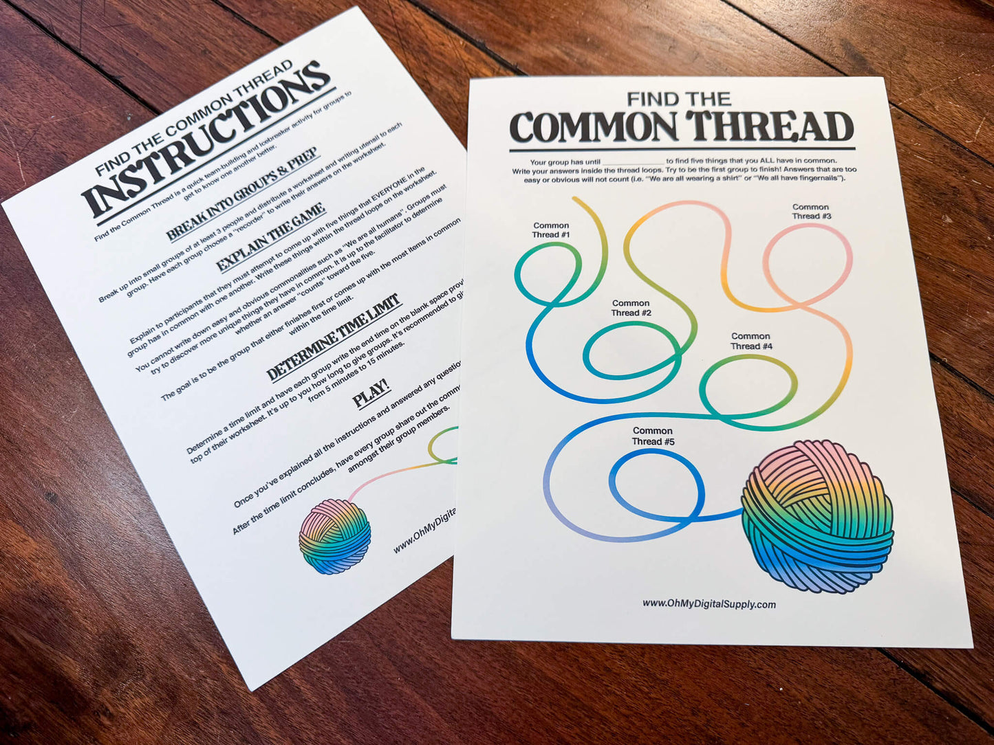 Find the Common Thread group team-building game and icebreaker activity in the form of a PDF worksheet and PDF instructions sheet.