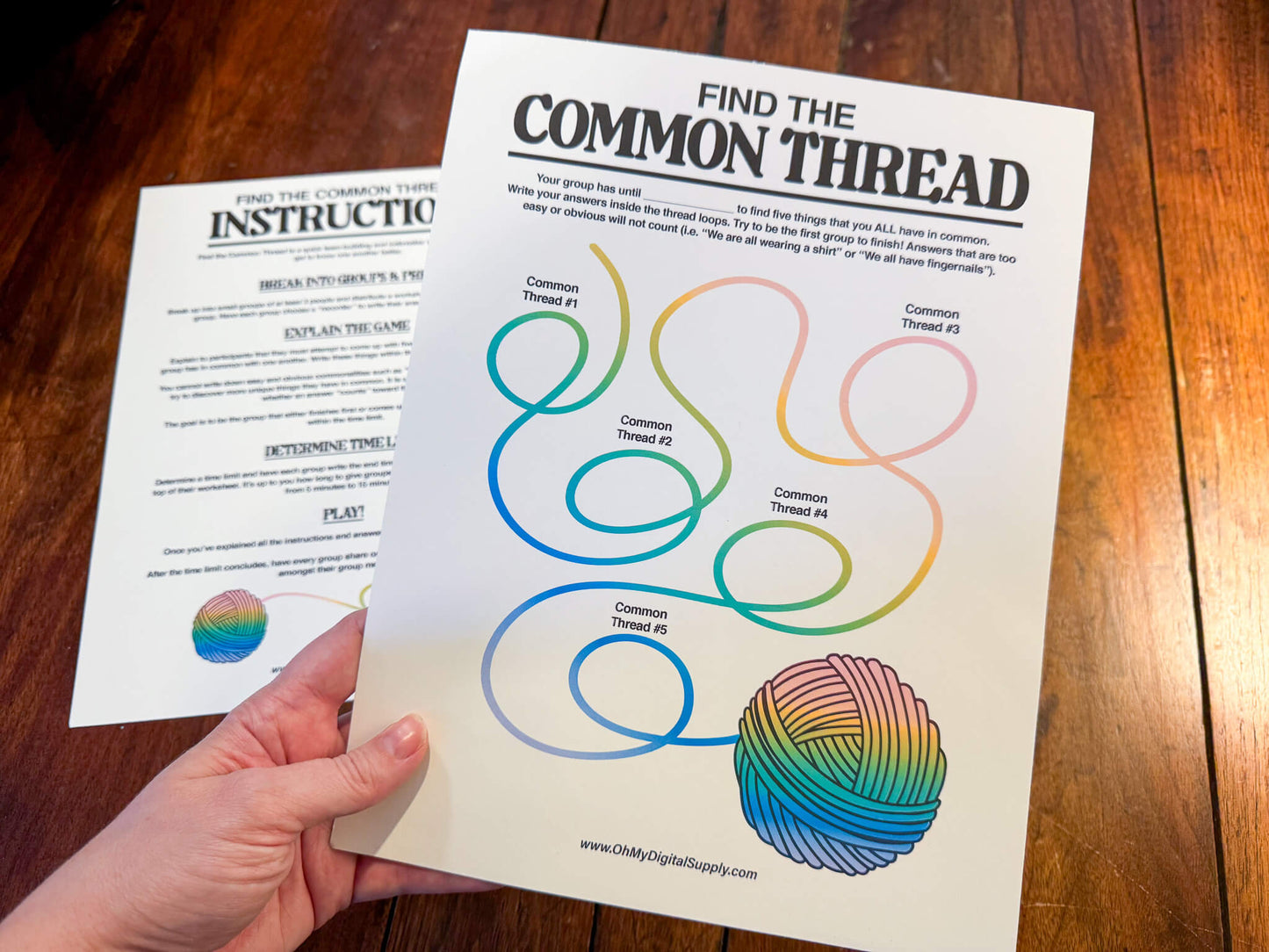 Find the Common Thread group team-building game and icebreaker activity in the form of a PDF worksheet and PDF instructions sheet.