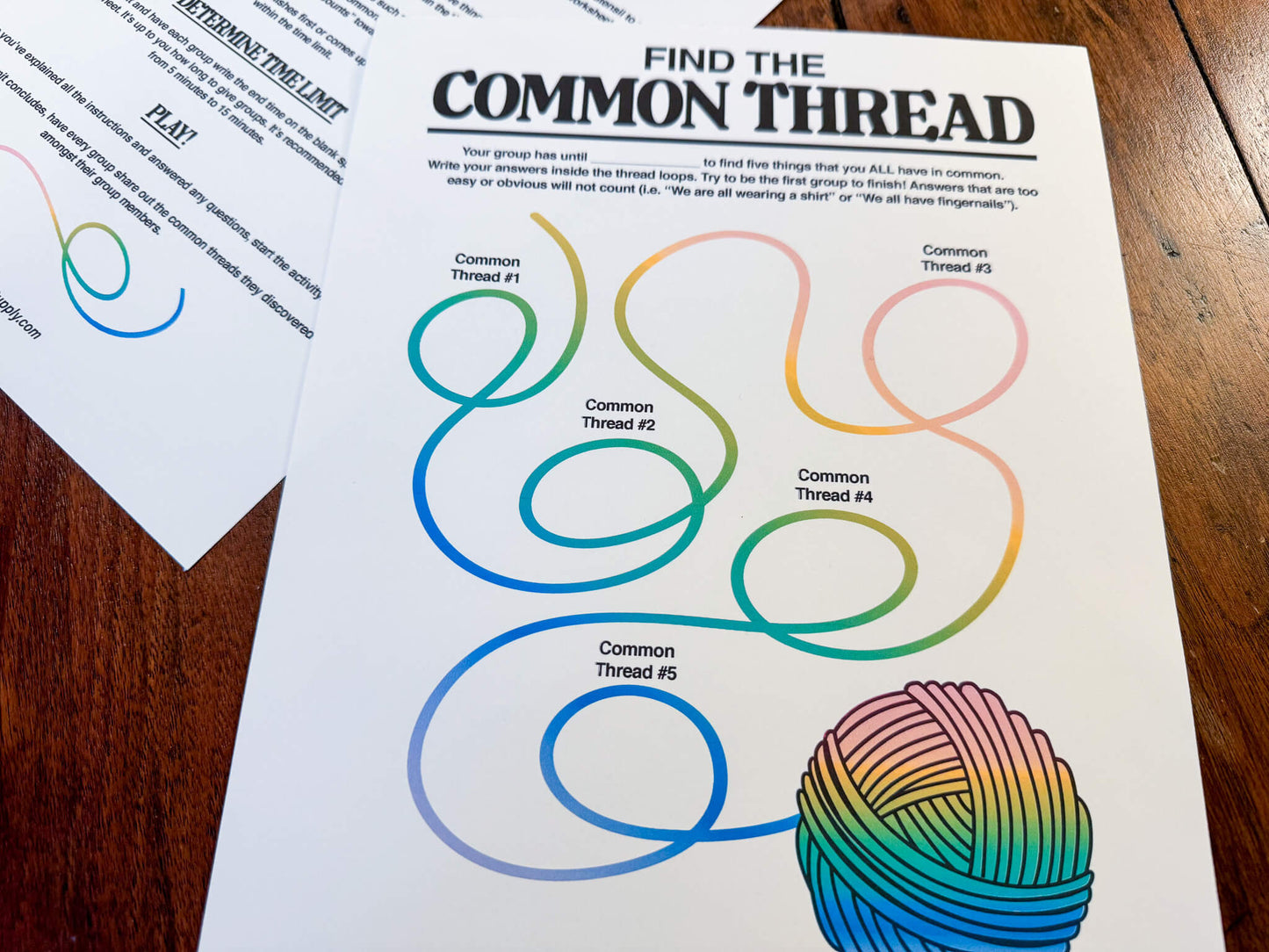 Find the Common Thread group team-building game and icebreaker activity in the form of a PDF worksheet and PDF instructions sheet.