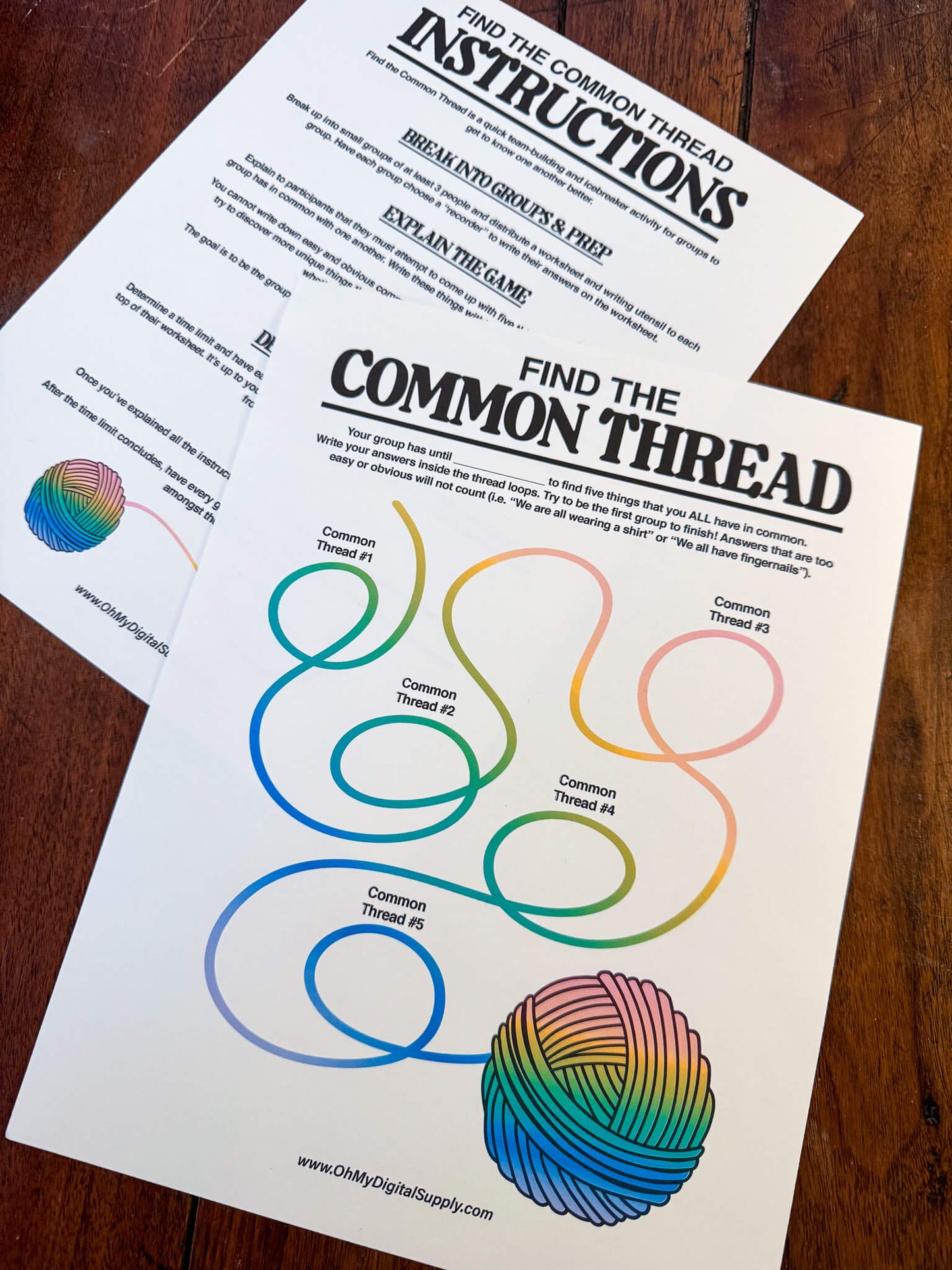 Find the Common Thread group team-building game and icebreaker activity in the form of a PDF worksheet and PDF instructions sheet.
