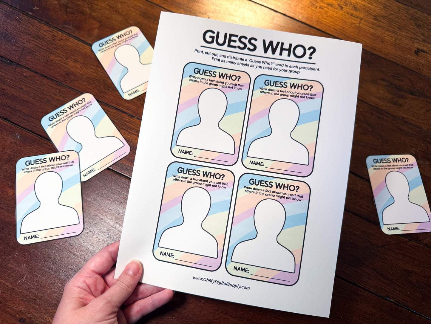 Guess Who? Group team-building activity and icebreaker gamer in a downloadable PDF format. The game has a sheet with card cutouts and a sheet with instructions on how to play.