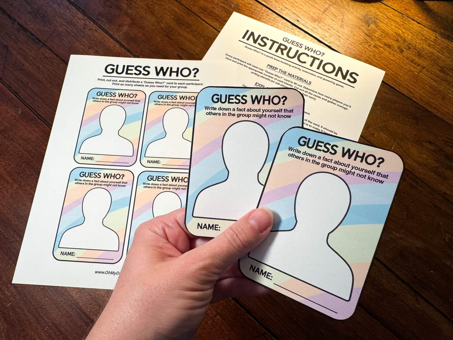 Guess Who? Group team-building activity and icebreaker gamer in a downloadable PDF format. The game has a sheet with card cutouts and a sheet with instructions on how to play.