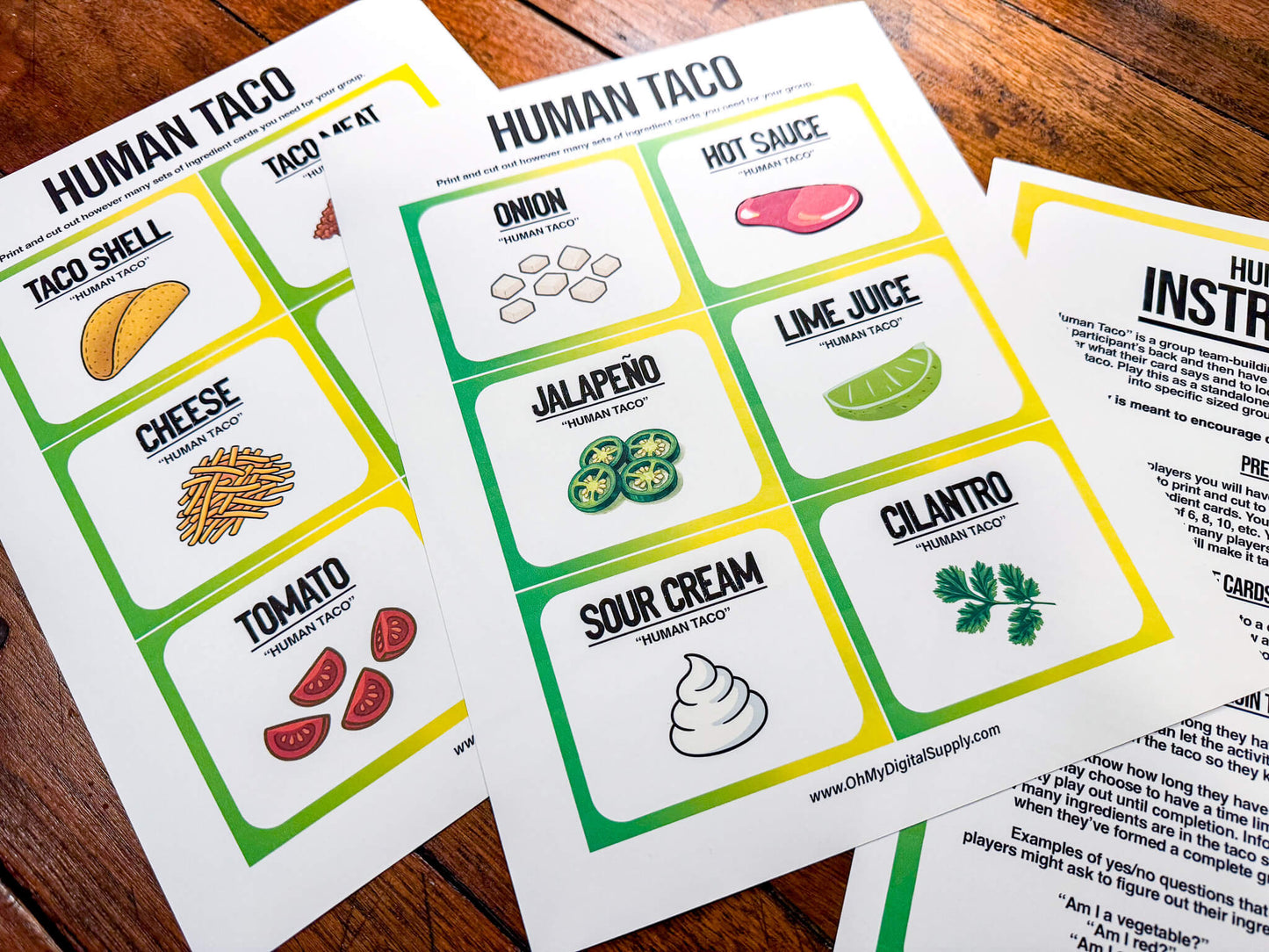 A printable team-building activity and group icebreaker game called Human Taco that includes an instructions sheet and taco ingredient cards that can be cut out. The printable sheets are downloadable PDF files.