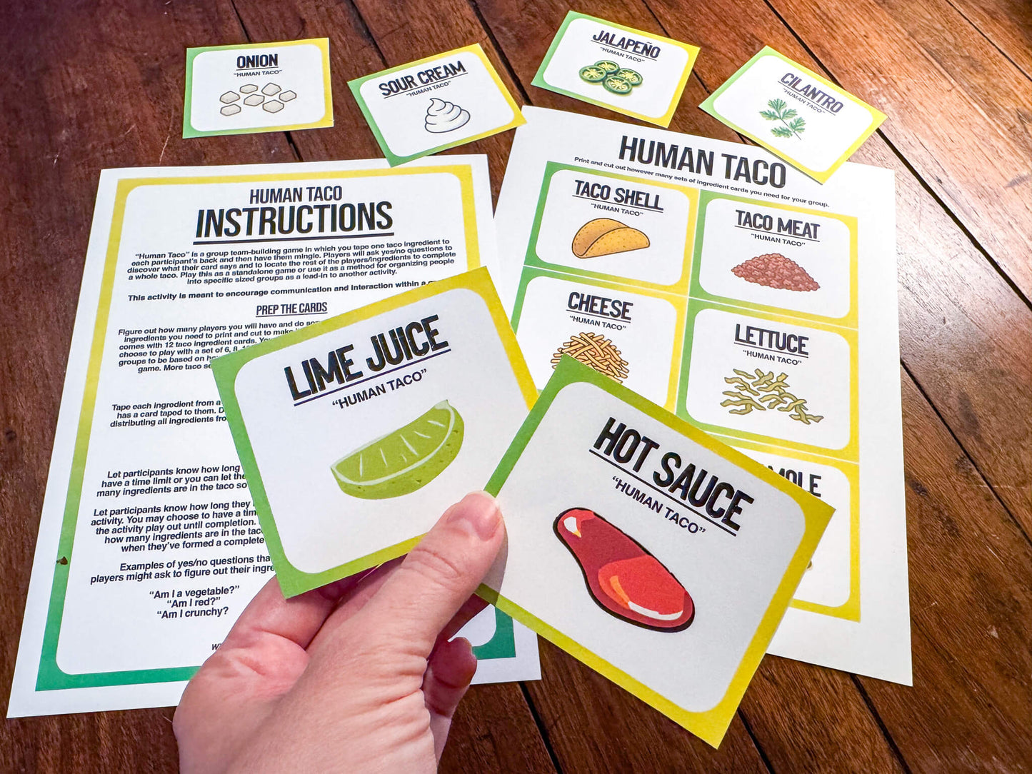A printable team-building activity and group icebreaker game called Human Taco that includes an instructions sheet and taco ingredient cards that can be cut out. The printable sheets are downloadable PDF files.